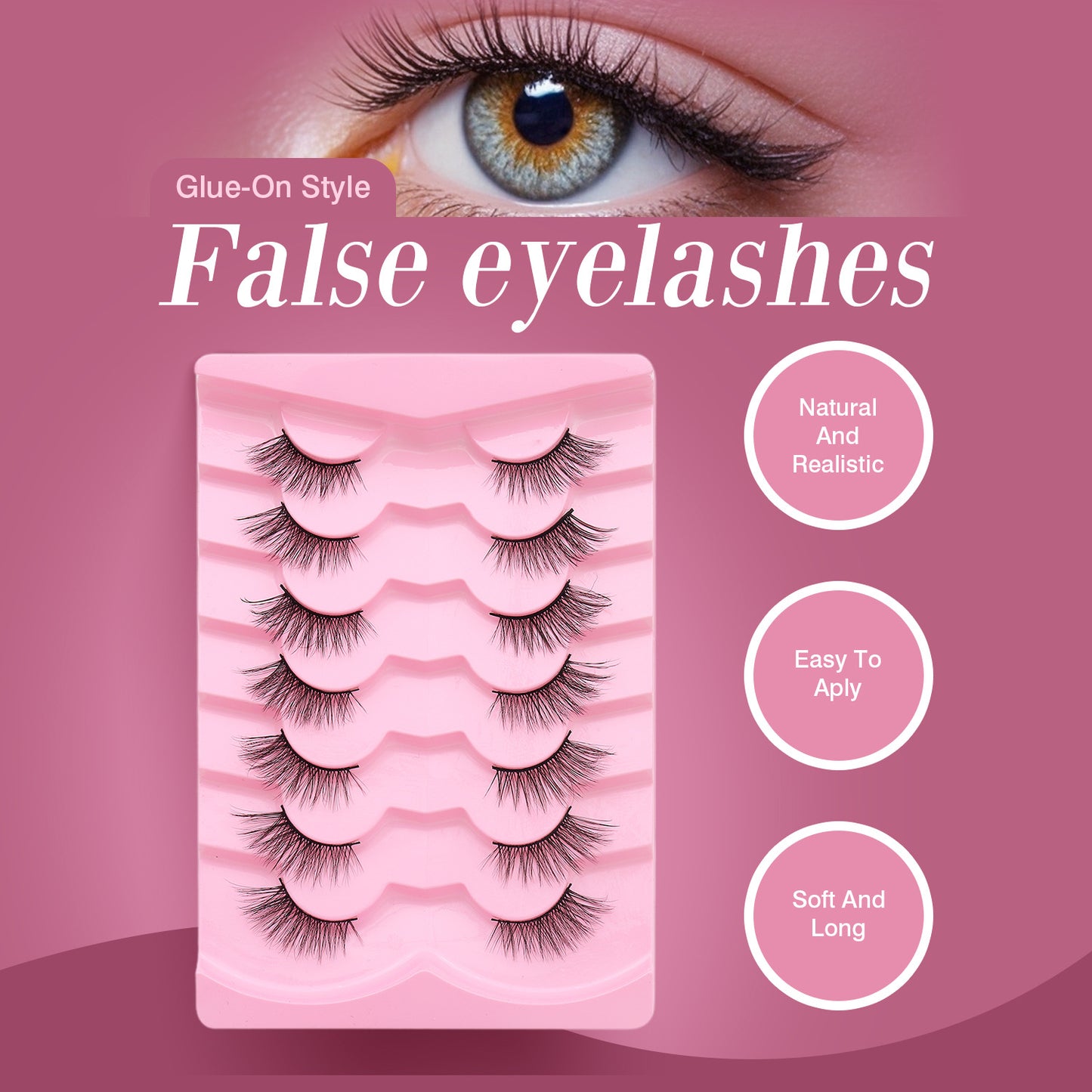 7 Pairs Natural Cat-Eye Half Lashes – Wispy &amp; Fluffy with Invisible Clear Band (6-13mm)